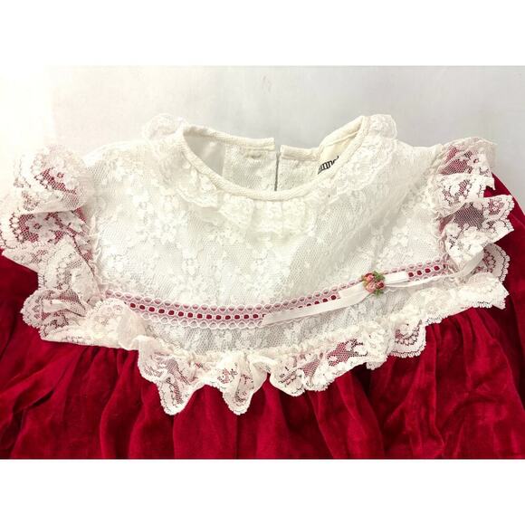 Vintage Red Velvet Lace Trim Holiday Party Dress USA Long Sleeve - Girls 6x NEW - Picture 2 of 10